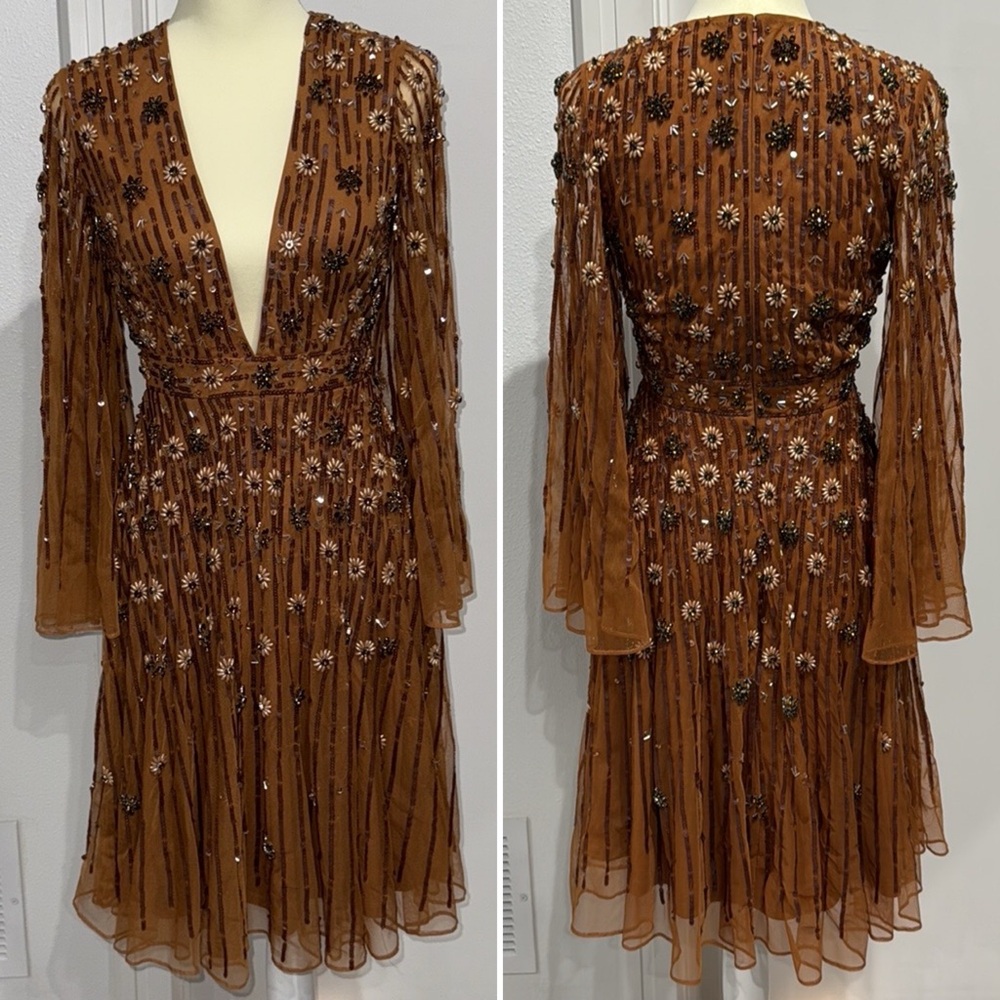Mac Duggal Rust Brown Beaded Mini Dress